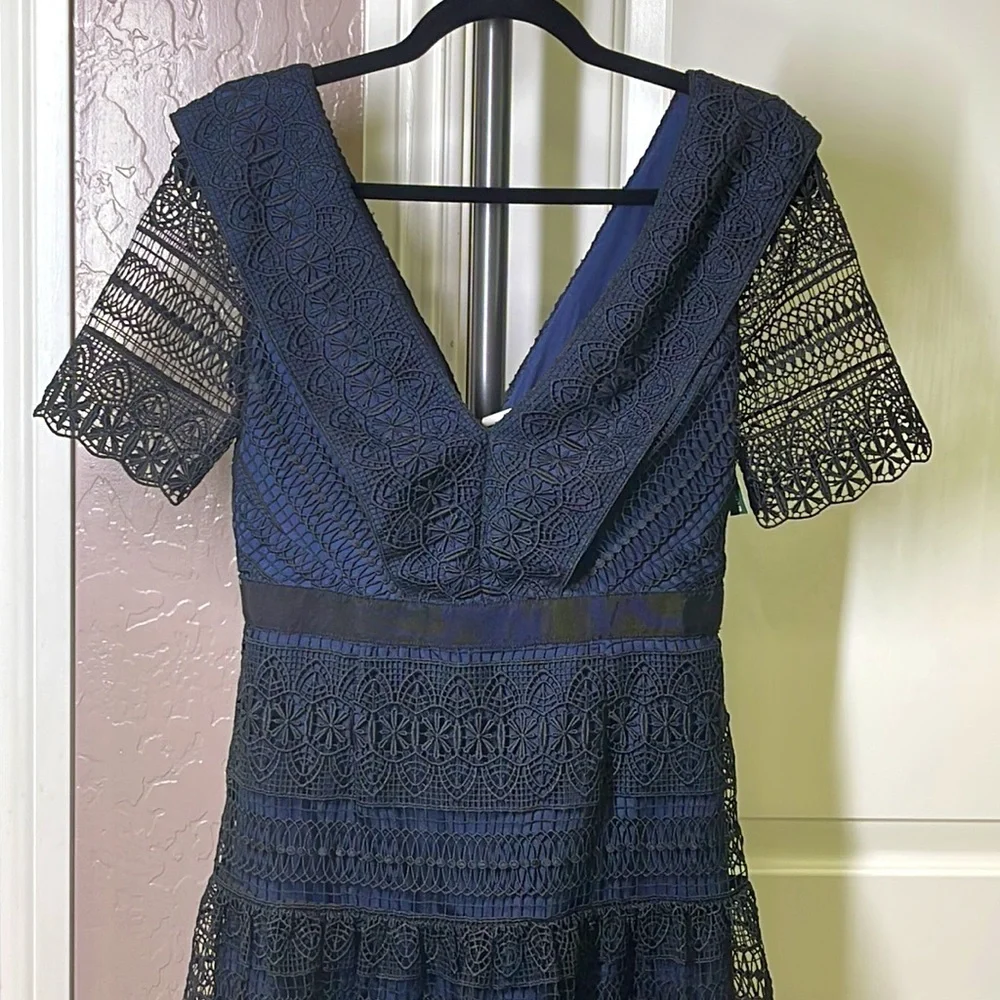 Self Portrait Spiral Panel Lace Midi Dress Navy Blue US Size 6 NEW - Picture 5 of 13